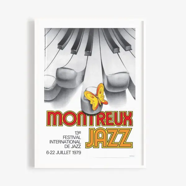 Poster Marco Antonio Batan, 1979: Vibrant Montreux Jazz Festival poster featuring a large butterfly on piano keys, bold "Montreux Jazz" lettering, and event details in French below.