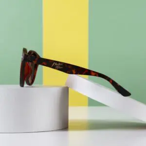 The Fly Bruxelles Light Tortoiseshell Glasses rest on two white cylindrical platforms, set against a green and yellow striped background that captures the vibrant spirit of Montreux Jazz.