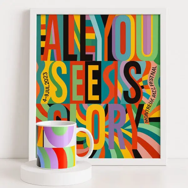 L'ensemble ZLakwena comprend une impression graphique encadrée avec un texte audacieux se chevauchant "ALL YOU SEE IS GLORY" et une tasse assortie avec des formes abstraites. Texte latéral : 4-19 JUL 2023 MONTREUX JAZZ FESTIVAL.