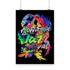 Affiche Kévin Germanier, 2026 : Affiche présentant des motifs vibrants et colorés ressemblant à des plumes sur un fond noir, avec un texte audacieux et artistique "Montreux Jazz Festival 2026" partiellement masqué par le dessin animé.