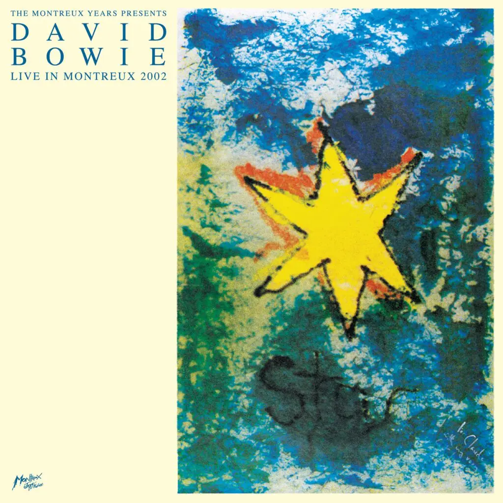 Pochette de l'album "David Bowie, Live in Montreux 2002, The Montreux Years, Double Vinyle". Le côté gauche présente un texte sur un fond jaune pâle ; le côté droit présente un art abstrait coloré avec une étoile jaune et des accents bleus, verts et rouges.