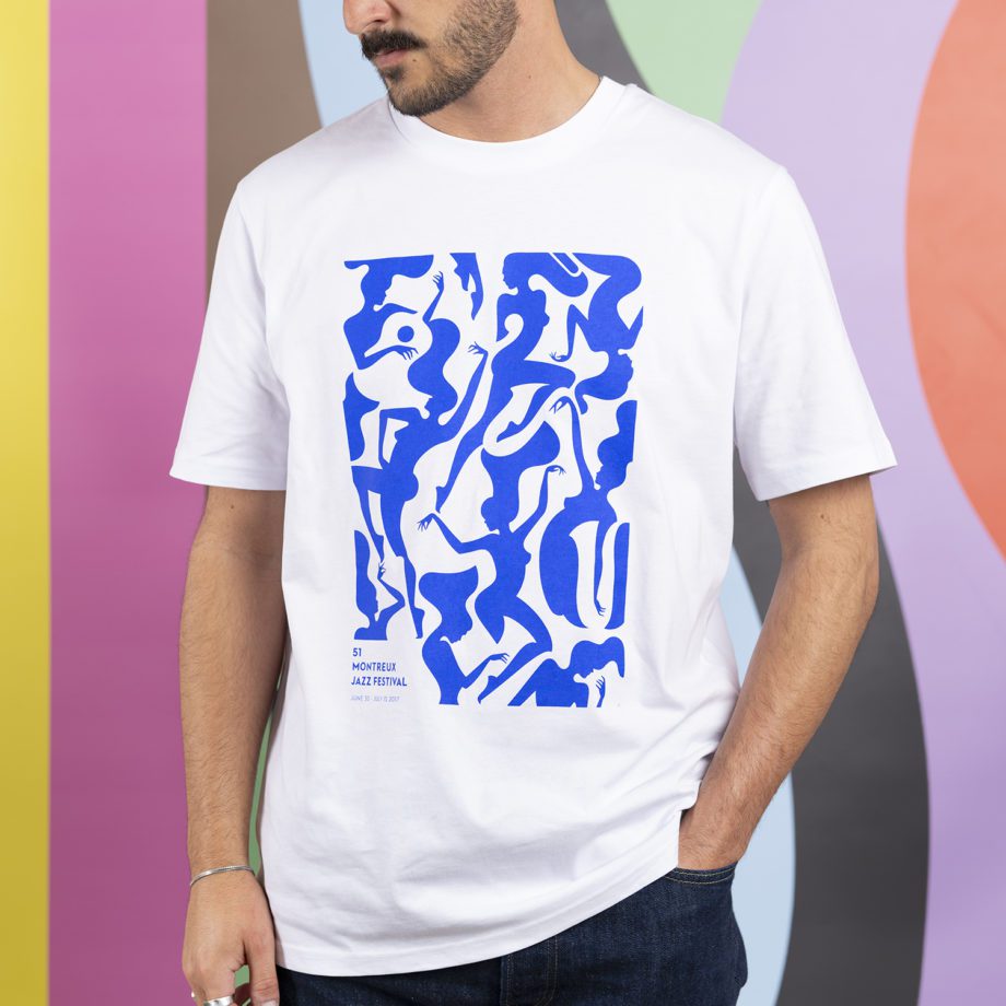 T-shirt blanc artwork Malika Favre bleu majorelle Montreux Jazz Music Festival